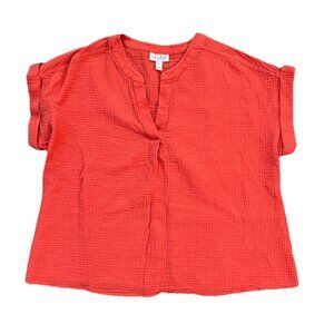 Isabel Maternity Women's Short Sleeve V Neck Gauze Top Size Large Coral Roll Tab